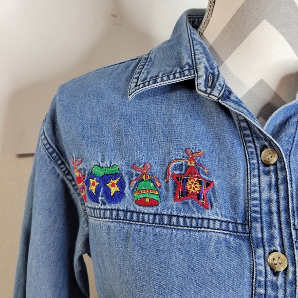 Womens Solutions Casualwear Christmas Denim Long Sleeve Button Front Size Med - Picture 7 of 10